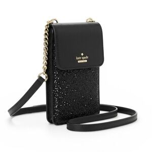 Kate Spade Black Glitter Crossbody Phone Pouch with Gold and Leather Chain